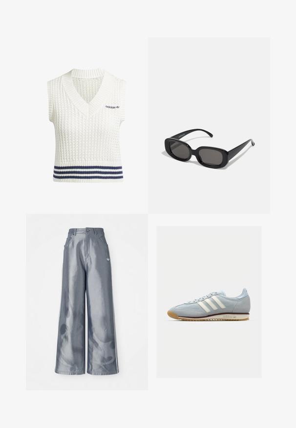 Valkoinen hihaton neuleliivi V-mallisella kaula-aukolla, jossa on teksturoitu kuvio ja tummansinisiä raitoja alaosassa. Adidas-logo vasemmalla rinnassa.; Housut leveillä lahkeilla kiiltävässä harmaassa materiaalissa, valkoisilla sivuviivoilla ja liekkikuvioilla alaosassa. Napin ja vetskarin suljenta vyötäröllä.; Vaaleansininen mokkanahkakengät, joissa on valkoiset kolme raitaa, kumipohja ja teksturoitu verkko. Ominaisuuksiin kuuluu sileä varvaskuppi ja brändäys kannassa.; Mustat suorakulmaiset aurinkolasit tummilla linsseillä. Paksu muovikehys, sileä pinta ja pyöristetyt reunat. Tyylikkäät templet ulottuvat ulospäin.