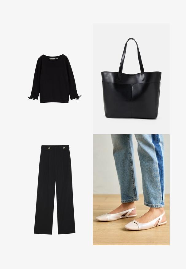 Čierny textúrovaný sweatshir s širokým výstrihom, dlhými rukávmi a nastaviteľnými viazaniami na manžetách. Mäkkučká tkanina, minimalistický dizajn.; Čierne široké nohavice s vysokým pásom, so zapínaním na gombíky na páse a prednými sklady.; Svetloružové slingback baleríny s jemne špicatou špičkou, vyrobené z hladkého materiálu pripomínajúceho kožu. Majú výrezové detaily na stranách a plochý opätok.; Čierna kožená tote taška s dvoma dlhými rúčkami, hladkým povrchom a štruktúrovaným tvarom. Obsahuje prednú kapsu pre dodatočné uskladnenie.