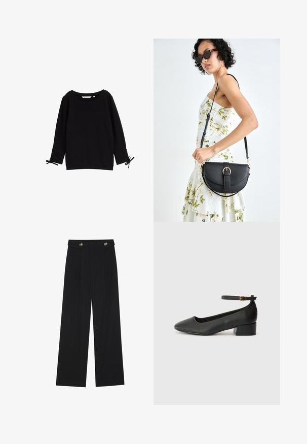 Sudadera negra con textura, cuello ancho, mangas largas y lazos ajustables en los puños. Tejido suave, diseño minimalista.; Pantalones de pierna ancha negros con cintura alta, detalles de botones en la cinturilla y pliegues en la parte delantera.; Zapato de tacón negro de cuero con punta afilada y tacón bajo cuadrado. Presenta una correa para el tobillo con una hebilla en tono dorado. Textura suave.; Bolso de piel negra con forma curva, correa desmontable y herrajes dorados. El bolso cuenta con una solapa con un detalle de hebilla.