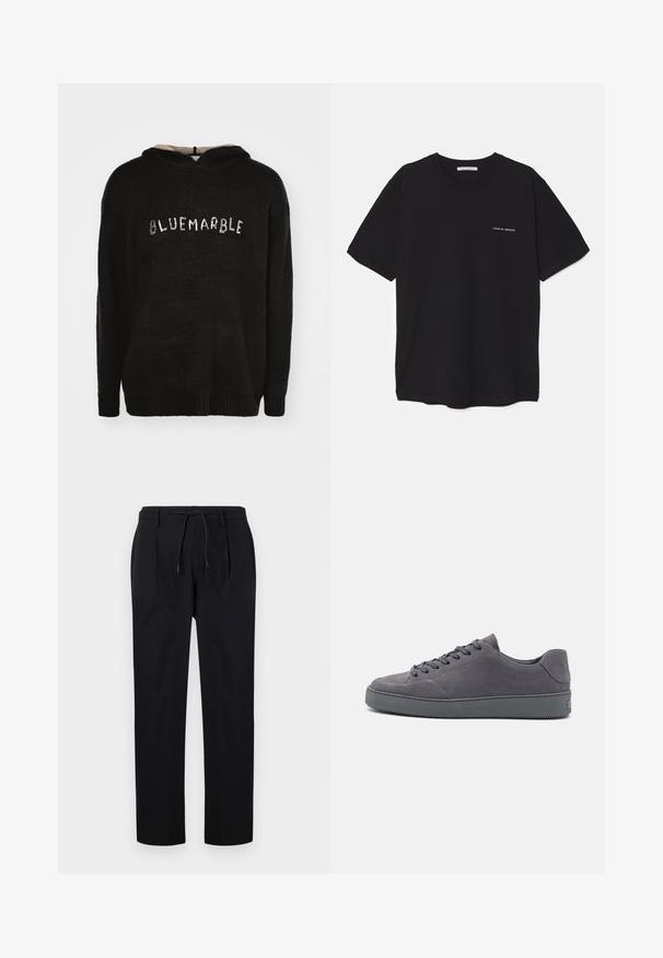 Mustapippu huppari, joka on valmistettu teksturoidusta kankaasta ja jossa on raidallinen helma. Edessä on "BLUEMARBLE"-teksti, joka on tehty kontrastivärisestä materiaalista.; Musta puuvillapaita, jossa on pyöreä kaula-aukko, lyhyet hihat ja valkoinen logopainatus vasemmassa rinnassa. Yksinkertainen, tasavärinen design.; Farkut mustat, valmistettu sileästä kankaasta, jossa on narukiristysvyö, suorat lahkeet ja edessä pleatit rakenteellista ilmettä varten.; Harmaat mokkanahka sneakersit, joissa on matala muotoilu, pyöreä kärki, nauhakiinnitys edessä ja teksturoitu kumipohja. Minimalistinen tyyli, jossa on hillitty brändäys kantapäällä.