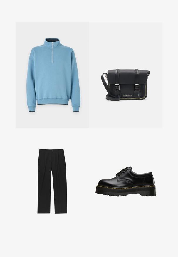 Világoskék pulóver magas gallérral, félig cipzáros elülső résszel és bordás mandzsettákkal. Puha anyag, kényelmes szabás, és kontrasztos sötét alsó rész részletekkel.; Fekete nadrág egyenes szárú kialakítással, sima anyagból készült. Elöl redők és egy gombos záródás található a derékon.; Fekete bőr fűzős cipő, vastag, fogazott fekete gumitalppal és sárga varrással a széleken, sima felülettel.; Fekete bőr keresztbody táska hajtóka, két ezüst csattal, sárga varrással és állítható pánttal. Simább textúrával és kompakt formatervezéssel rendelkezik.