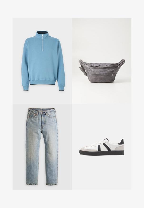 Gaiši zila sporta krekla ar augstu apkakli, puscēlumu priekšā un ribotām piedurknēm. Mīksta auduma, brīva piegriezuma un kontrastējošām tumšām apakšmalas detaļām.; Gai zila denima bikses ar augstu jostasvietu, priekšējo pogu, rāvējslēdzēju un piecu kabatu dizainu, izlīdzinātas uz neitrāla fona.; Baltas sneakeris ar melniem un pelēkiem akcentiem, kuram ir teksturēts pelēks purngals, melna gumijas zole un plakanas baltas šņores. Tīrs dizains, minimālisma stils.; Pelēks zamšādas jostas somiņa ar noapaļotu formu, divām kabatām ar rāvējslēdzējiem un regulējamu siksnu. Iekļauj metāla aksesuārus.