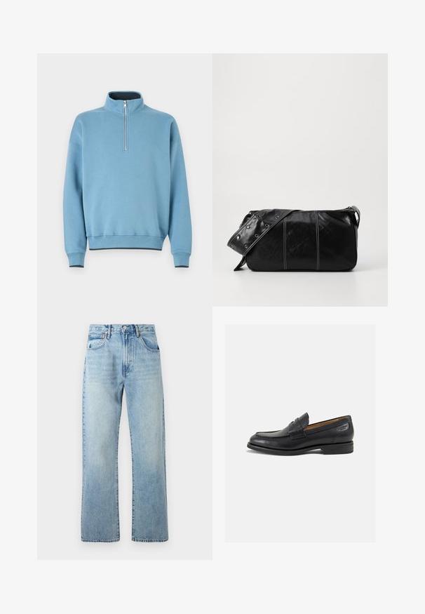 Light blue sweatshirt with a high collar, half-zip front, and ribbed cuffs. Soft fabric, relaxed fit, and contrasting dark hem details.; Light blue denim jeans with wide straight legs, five-pocket design, and a belt looped waistband. Fabric shows a slightly faded texture.; Black leather loafers with a smooth finish, rounded toe, and decorative stitching on the vamp. Low stacked heel and slight shine.; Black leather shoulder bag with a zip closure, featuring a textured body, white stitching, and a strap with silver grommets.