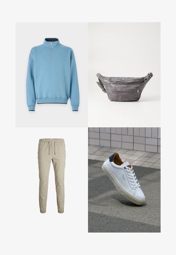 Világoskék pulóver magas gallérral, félig cipzáros elülső résszel és bordás mandzsettákkal. Puha anyag, kényelmes szabás, és kontrasztos sötét alsó rész részletekkel.; Beige tapered sportos nadrág elasztikus derekkal, húzózsinórral és bokakötéssel, puha anyagból készült. Simára kidolgozott felület és minimalista dizájn jellemzi.; Fehér bőr sneaker sötétkék sarkúval, kerek orral és kontrasztos barna részletekkel. Lapított fűzőkkel és textúrált gumitalppal rendelkezik.; Szürke velúr övtáska kerek formával, két cipzáras rekesszel és állítható pánttal. Fém dekorációval rendelkezik.