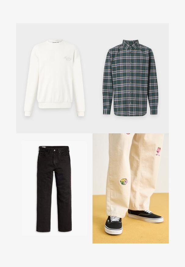 Valge soonikuline sweatshirt, mis on valmistatud pehmest kangast, omades ümarat kaela, pikki varrukaid ja tikitud logo rinnal.; Roheline flanellsärk, millel on ruuduline muster, sisaldades siniseid, valgeid ja sinepikollaseid jooni. Nööbitav esiosa ja terav krae. Pikad varrukad.; Mustad sirgedega teksapüksid viie taskuga, nööpidega kinnitamine ja vöökohaga, lamab tasasele valgele taustale.; Bežistestased püksid, millel on mängulised tikandid, sealhulgas roosa tegelane ja värvikad plokid, koos mustade nöörkingadega.