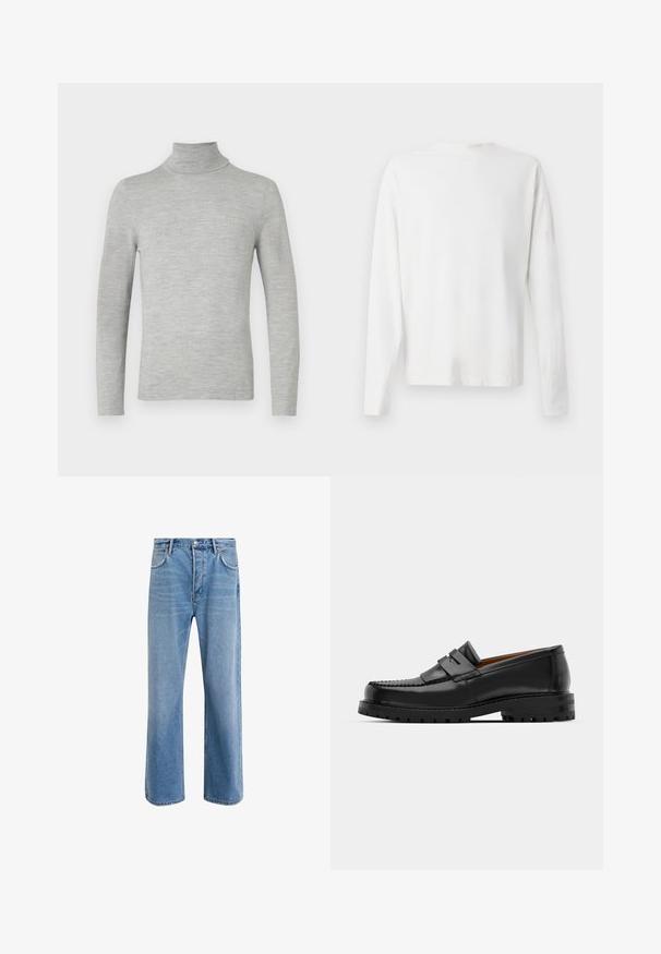 Lichtgrijze lange mouwen turtleneck trui met fijne breistekstuur, weergegeven op een effen witte achtergrond.; Witte katoenen blouse met lange mouwen en een ronde halslijn, met zijsplitten aan de onderkant en een gladde textuur, vanuit de achterkant weergegeven.; Lichtblauwe denim jeans met een straight-leg ontwerp, vijf zakken, knoopsluiting, minimale vervaging en contrasterende stikseldetails.; Zwarte leren instappers hebben een verhoogde naad, twee decoratieve banden op de bovenkant en een dikke, gestructureerde zool voor extra grip.
