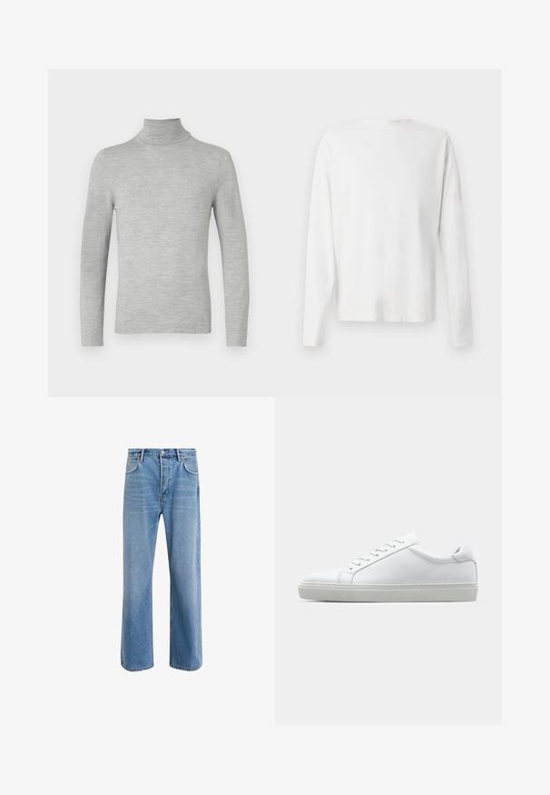 Ljust grå långärmad polotröja med fin stickad textur, visad på en enkel vit bakgrund.; Vit långärmad skjorta i bomull med rund halsringning, sidofickor längst ner och en slät yta, visad bakifrån.; Ljust blå denimjeans med rak passform, fem fickor, knappstängning, minimal blekning och kontrasterande sömdetaljer.; Vit sneaker med en slät läderövre och låg profil. Har en rundad tå, sex snörhål och en strukturerad gummisula.