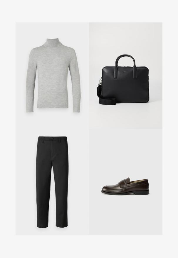 Lys grå langermet høyhalset genser med finstrikket tekstur, vist på en enkel hvit bakgrunn.; Sorte bukser med rett snitt, laget av glatt stoff. Har knappelukking og beltehemper. Ingen synlige mønstre eller accenter.; Calvin Klein Slippers - cocoa brown; Svart lær arbeidsveske med strukturert overflate, doble håndtak, avtakbar skulderrem, og frontlogo. Glidelås-lukking.