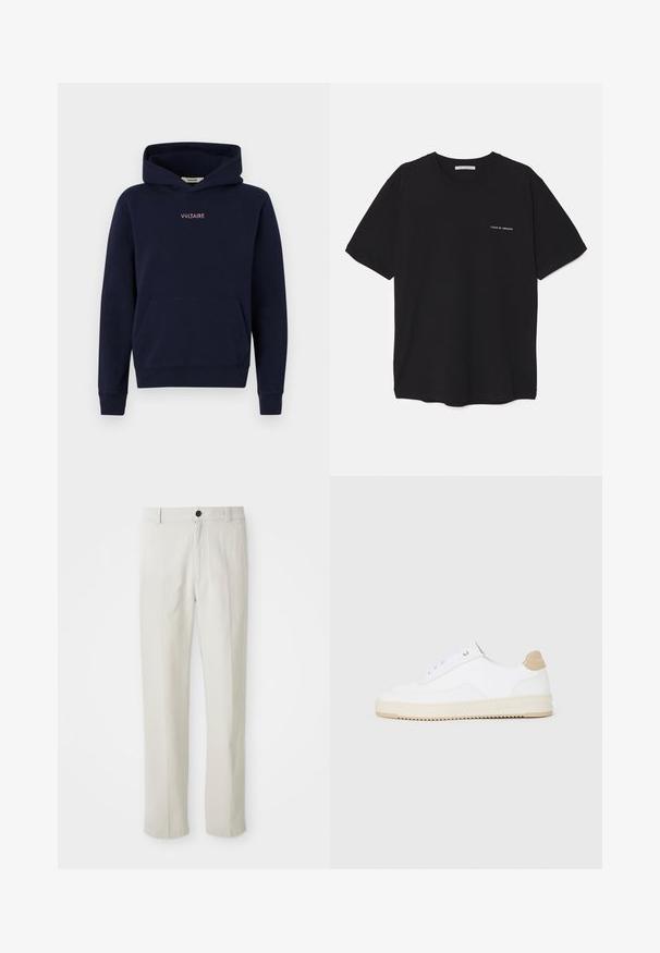 Marineblå hettegenser laget av bomull, med en frontlomme, ribbede mansjetter og en liten rosa "VOLTAIRE"-logo på brystet.; Svart bomull T-skjorte med rund hals, korte ermer, og hvit logo trykk på venstre bryst. Enkel, ensfarget design.; Beige rette benbukser med bæltestropper, frontknap og lynlås lukning, vist fladt på en hvid baggrund.; Hvite lave sneakers med overdel i teksturert skinn, kremfarget såle med ribber og en brunt fargeklatt på hælen. Har hvite lisser og logodetalj på hælen.