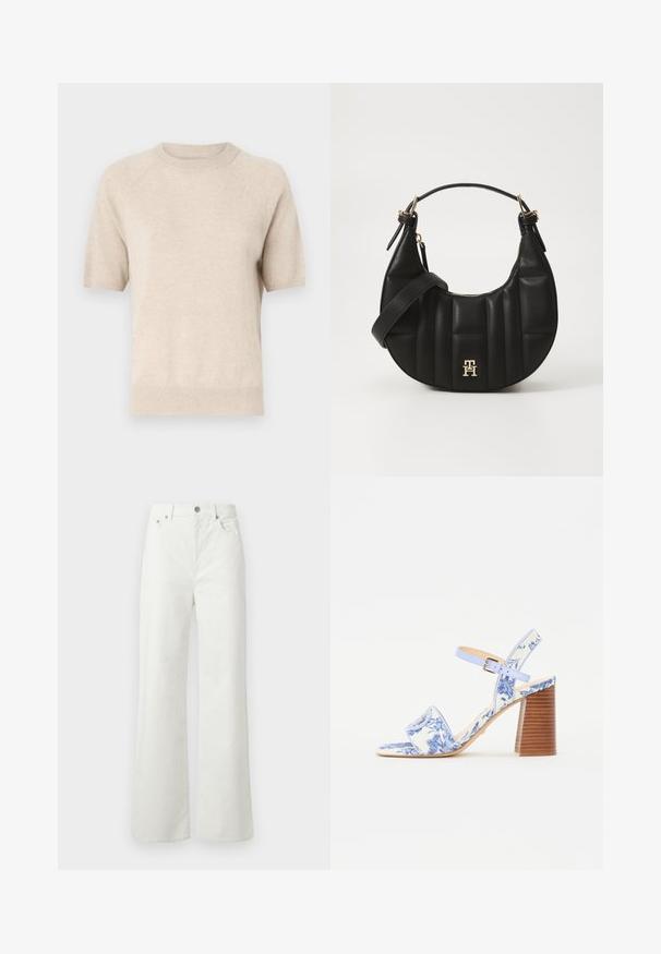 Pull court crème à manches courtes avec un col rond, fabriqué dans un tissu doux et texturé. Présente des poignets et un ourlet côtelés avec une coupe décontractée.; Samsøe Samsøe SHELLY - Jean boyfriend - clear cream; Sandale imprimée de fleurs bleues avec un orteil carré, une large sangle et une sangle de cheville réglable, dotée d'un talon en bois texturé.; Sac à main en cuir noir avec une forme incurvée, texture matelassée et quincaillerie dorée. Dispose d'une bandoulière amovible et d'un détail de logo.