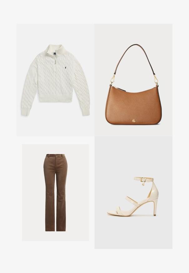 White cable-knit half-zip sweater with ribbed collar, cuffs, and hem, featuring a small embroidered dark logo on the left chest.; Brown corduroy trousers with a straight-leg design, featuring belt loops, front pockets, and subtle vertical ribbing for texture.; Beige high-heeled sandals with thin ankle strap and two upper straps. Glossy patent finish and gold hardware detail on the ankle strap.; Brown textured leather handbag with a curved shape, gold-tone hardware, and a single shoulder strap. Features a zip closure and logo detail.