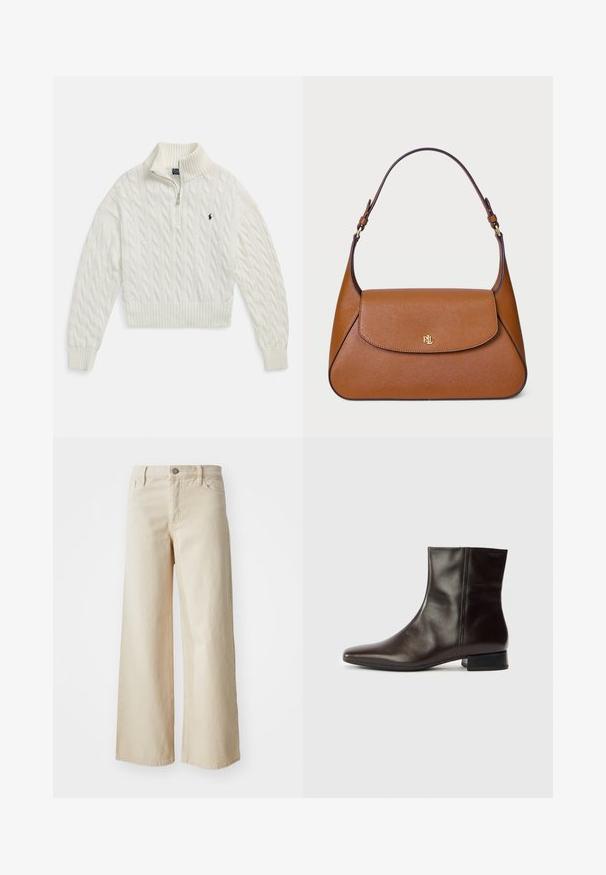 Hvitt kabelstrikket genser med halv glidelås, med ribbestrikket krage, mansjetter og kant, med en liten brodert mørk logo på venstre bryst.; Beige vide benbukser laget av denim, med høy midje, knappelukking, beltehemper og sidelommer. Glatt tekstur og avslappet passform.; Brun skinnankelstøvel med spiss tupp, glatt tekstur, middels hæl og enkelt design. Minimalistisk stil uten pynt.; Brun skinnveske med en strukturert design, flat toppklaff og en enkelt buet stropp. Har gullhardware med preget logo.