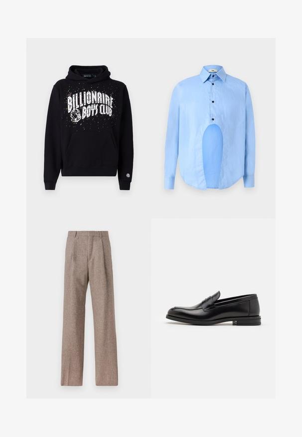 Juodas džemperis su priekiu, kuriame yra baltas tekstas "Billionaire Boys Club" ir spalvoti taškai aplink astronauto grafiką. Minkšta medžiaga.; Šviesiai mėlyna ilgarankovė marškiniai su smailiu apykakle, juodais mygtukais ir unikaliu išpjovimu priekyje, kuri suteikia išskirtinį dizainą.; Rudos, aukšto liemens kelnes, pagamintas iš tekstūruotos medžiagos. Plati kojos, dvi priekinės klostės struktūrai. Tvarkingas apdailos darbai, be matomų detalių.; Juodos odinės loafers, turinčios lygų paviršių, apvalią noselę ir dekoratyvinę juostą per priekinę dalį. Žemas krentantis kulnas, minimalistinis dizainas.
