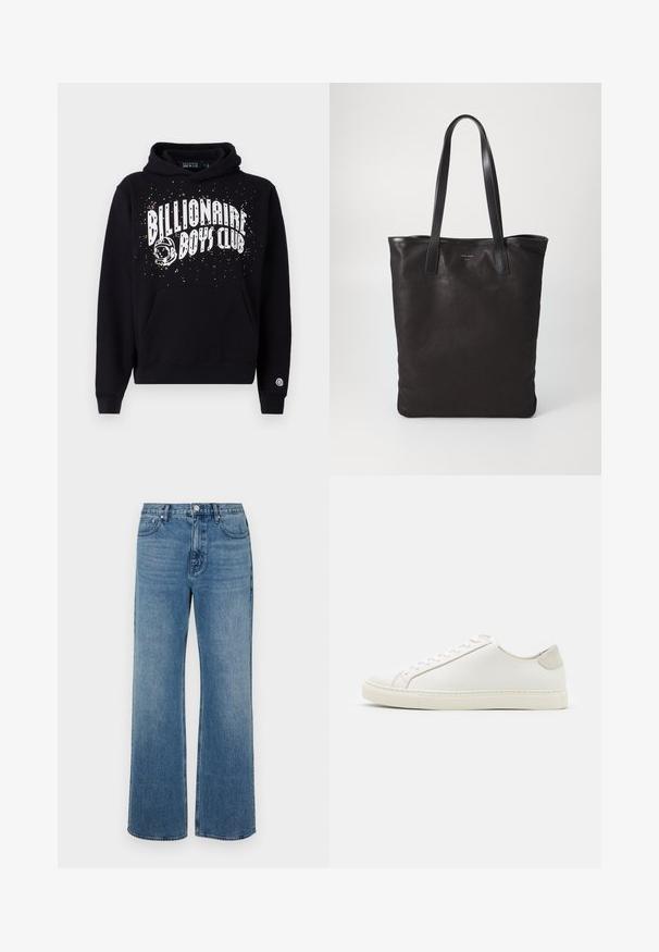 Fekete kapucnis pulóver elülső zsebel, amelyen fehér szöveg olvasható: "Billionaire Boys Club", és színes pöttyök találhatók egy űrhajós grafika körül. Puha anyag.; Széles lábú, koptatott kék farmernadrág. Öt zsebből, elülső gombos záródásból és egyenes szabásból áll.; Fehér bőr sneaker sima felülettel, kerek orral és minimalista dizájnnal. Bézs kiemelésekkel a sarokon és gumitalppal rendelkezik.; Fekete vászontáska fekete bőr füllel. Egyszerű dizájn, tágas test és sima textúra. Nincsenek látható logók vagy minták.