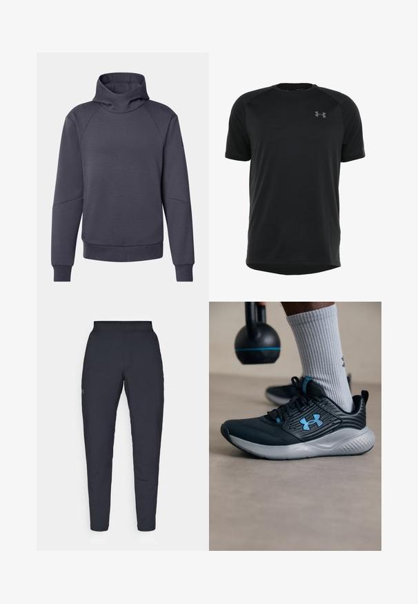 Felpa grigia scura con colletto alto e ripiegato, maniche raglan, polsini e orlo a costine. Realizzata in un tessuto morbido con una consistenza liscia.; Maglietta atletica nera a maniche corte realizzata in tessuto morbido e leggero. Presenta un collo rotondo e un logo discreto sul petto.; Pantaloni sportivi neri con una texture liscia, vestibilità slim, vita elastica e tasche laterali. Presentano un piccolo logo sulla coscia sinistra.; Scarpone sportivo nero con accenti blu, tomaia testurizzata e suola grigia. Indossato con calzini grigi a costine, accanto a un kettlebell nero.