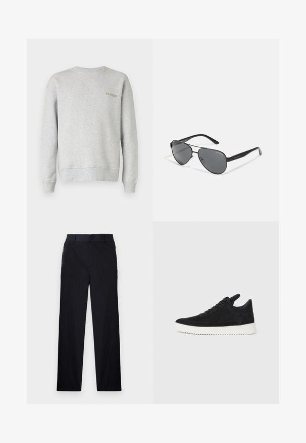 Šedá mikina vyrobená z mäkkého materiálu, so žebrovaným kulatým výstrihom a manžetami, so slovom "CLOSED" vyšitým v kontrastnej farbe.; Čierne nohavice z ľahkého textúrovaného materiálu, s priamym strihom, elastickým pásom a bočnými zipsovými vreckami.; čierne semišové tenisky s bielou gumovou podrážkou, s tonálnym prešívaním a šnurovaním. Hladká textúra s moderným, zjednodušeným tvarom.; Čierne aviator slnečné okuliare s tmavými sklami, tenkým kovovým rámom a štíhlymi plastovými stranami so zdobením loga.
