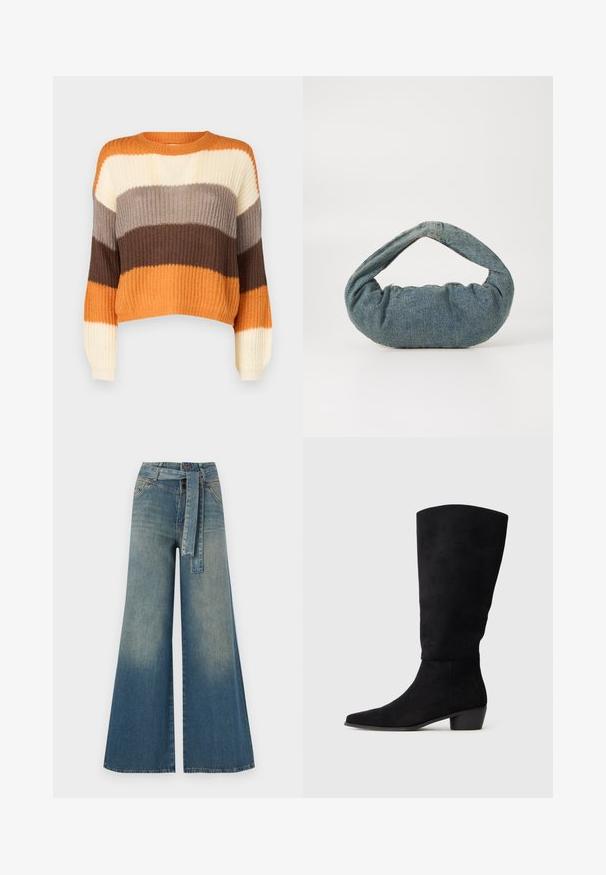 JDY JDYBADUT PULLOVER - Pulover - golden ochre; Pantaloni din denim largi, cu un gradient de la albastru deschis la albastru închis, talie înaltă, bucle pentru curea și o curea din același material. Finisaj texturat din denim.; Botine negre din suede, până la genunchi, cu toc mic și vârf ascuțit, prezentate din lateral pe un fundal gri deschis uniform.; Geantă din denim albastru cu o formă rotundă și umplutură, având un mâner curbat. Textura este moale, cu cusături vizibile și un finisaj neted.