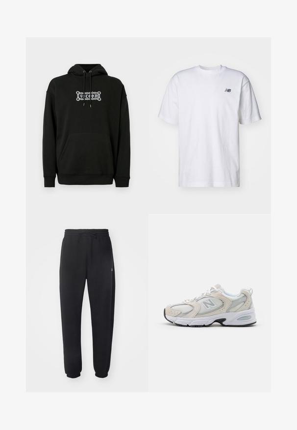 Hoodie noir avec une poche avant, capuche ajustable à cordon, et design graphique en texte blanc. Fabriqué en tissu doux et texturé.; T-shirt blanc à manches courtes et col ras du cou avec un petit logo New Balance noir sur la poitrine gauche, sur un fond uni.; Pantalon de sweat noir en matière douce, avec une taille élastique, un cordon de serrage et des poignets fuselés, arborant un logo discret sur le côté.; Chaussure de sport avec un dessus en mesh gris clair et des accents en daim, des lacets blancs et une semelle en caoutchouc noire. Détail d'amorti ABZORB remarquable.