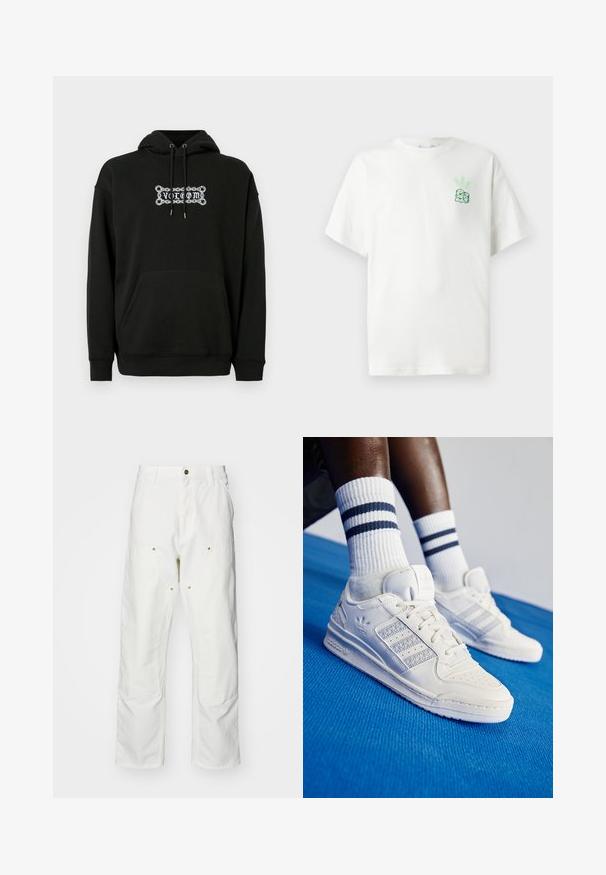 Hoodie noir avec une poche avant, capuche ajustable à cordon, et design graphique en texte blanc. Fabriqué en tissu doux et texturé.; T-shirt en coton blanc avec une coupe décontractée, arborant un design graphique vert et un logo sur la zone gauche de la poitrine. Manches courtes et encolure ras du cou.; Pantalons cargo en coton blanc avec une coupe décontractée. Les caractéristiques incluent des poches avant, des accents en métal doré et des sections de genoux renforcées.; Baskets en cuir blanc avec des accents perforés, trois bandes métalliques et un panneau latéral texturé. Portées avec des chaussettes blanches ornées de rayures bleues.