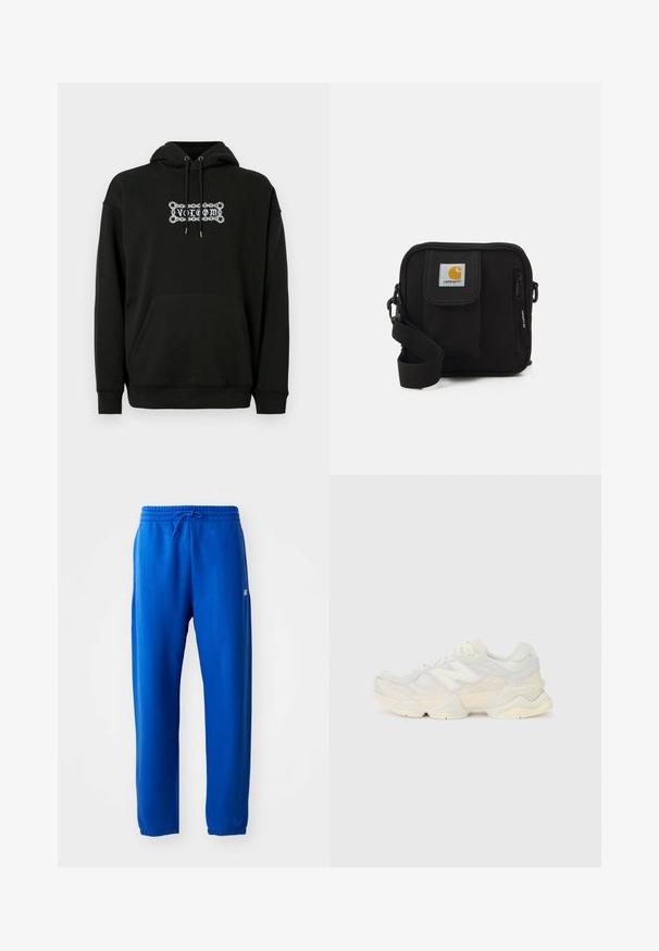 Hoodie noir avec une poche avant, capuche ajustable à cordon, et design graphique en texte blanc. Fabriqué en tissu doux et texturé.; Pantalon de sport bleu en tissu doux, doté d'une taille élastique avec cordon de serrage, de jambes fuselées et d'un petit logo sur le côté.; Sneaker léger avec une tige en maille et en daim dans des teintes crèmes douces, doté d'une semelle épaisse et d'accents tridimensionnels.; Sac bandoulière noir avec un compartiment principal zippé, une poche frontale, une sangle ajustable et un patch logo visible sur le rabat.