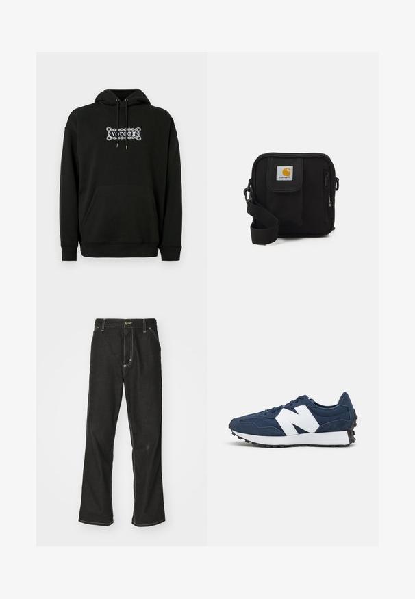 Fekete kapucnis pulóver elülső zsebbel, állítható húzózsinórral a kapucnin, és fehér grafikai szöveges mintával. Puha, textúrált anyagból készült.; Fekete farmernadrág laza szabással, kontrasztos fehér varrással, gombos záródással és egyenes lábmegoldással.; Tengerészkék sportcipők fehér logóval, velúr és hálós felsőrésszel, párnázott bokaRésszel, lapos fűzőkkel és textúrázott fekete gumitalppal.; Fekete keresztbody táska cipzáras főrekesszel, elülső zsebbel, állítható pánttal és látható logóval a fedélen.