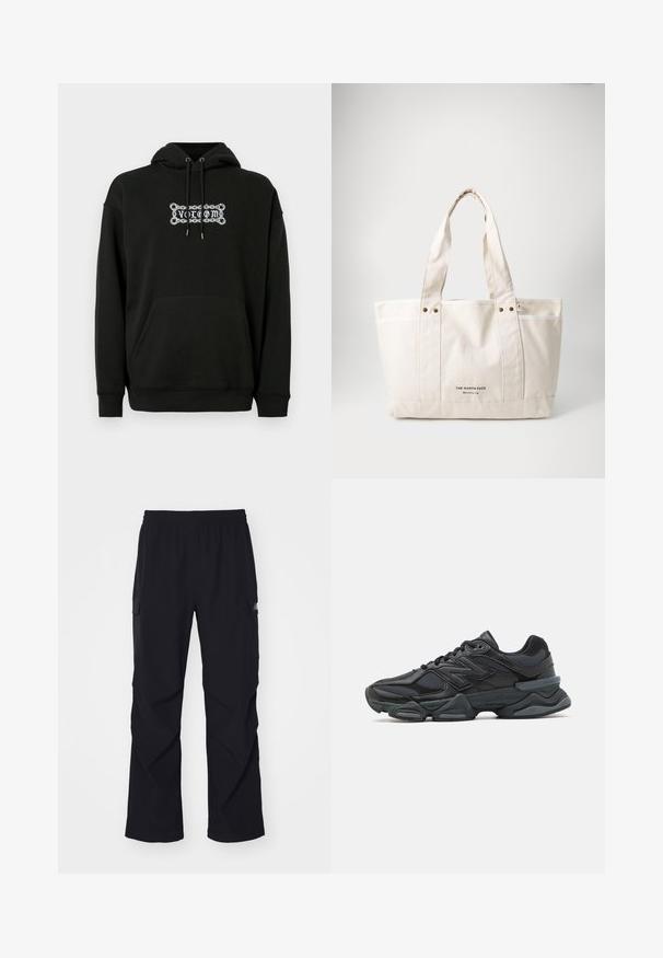 Sort hættejakke med en forlommeslomme, justerbar snoretræk i huen og hvid grafisk tekstdesign. Fremstillet af blødt, tekstureret stof.; Sorte cargo bukser lavet af let materiale, med elastisk talje, sidelommer og lige ben design.; Sorte løbesko med en blanding af mesh og syntetiske materialer, kraftig sål, buet design og fremtrædende branding på siden.; Canvas tote taske i lys beige med to robuste håndtag, kontrasterende hvid trim og logoet "THE NORTH FACE" i sort foran.