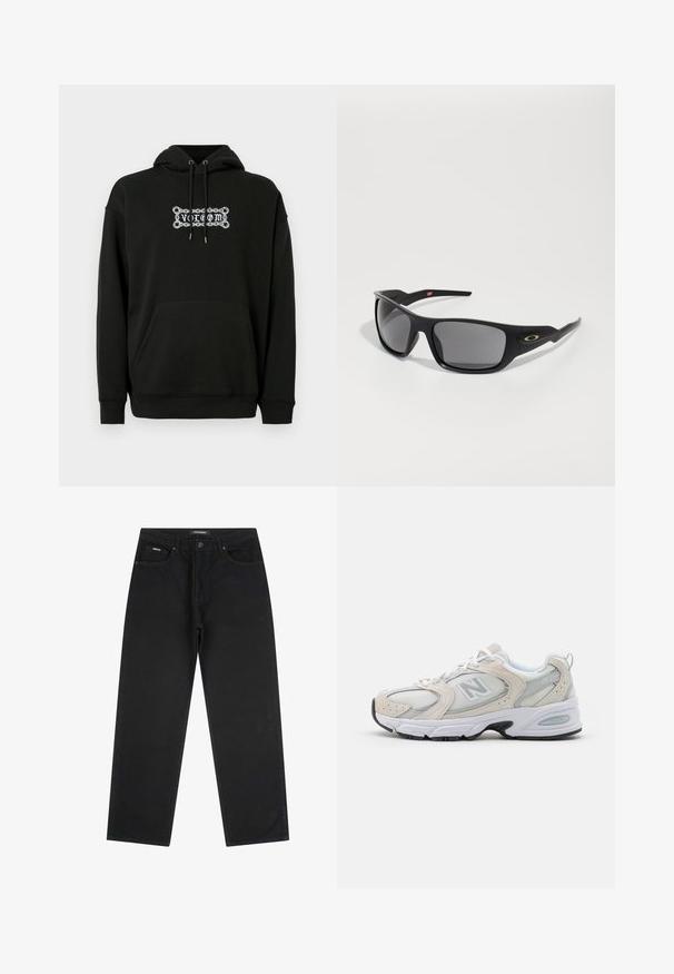 Czarna bluza z kapturem z kieszenią z przodu, regulowanym sznurkiem przy kapturze oraz białym graficznym napisem. Wykonana z miękkiego, teksturowanego materiału.; Czarne jeansy proste o nogawce, z przednim guzikiem i zamkiem błyskawicznym, z pętlami na pasek i pięcioma kieszeniami, leżące na białym tle.; Buty sportowe z jasnoszarym meshem i zamszowymi akcentami, białymi sznurówkami i czarną gumową podeszwą. Zauważalny detal poduszek ABZORB.; Czarne okulary przeciwsłoneczne o prostokątnym kształcie, wykonane z trwałego plastiku, z szarymi przyciemnionymi soczewkami i złotym akcentem z boku.