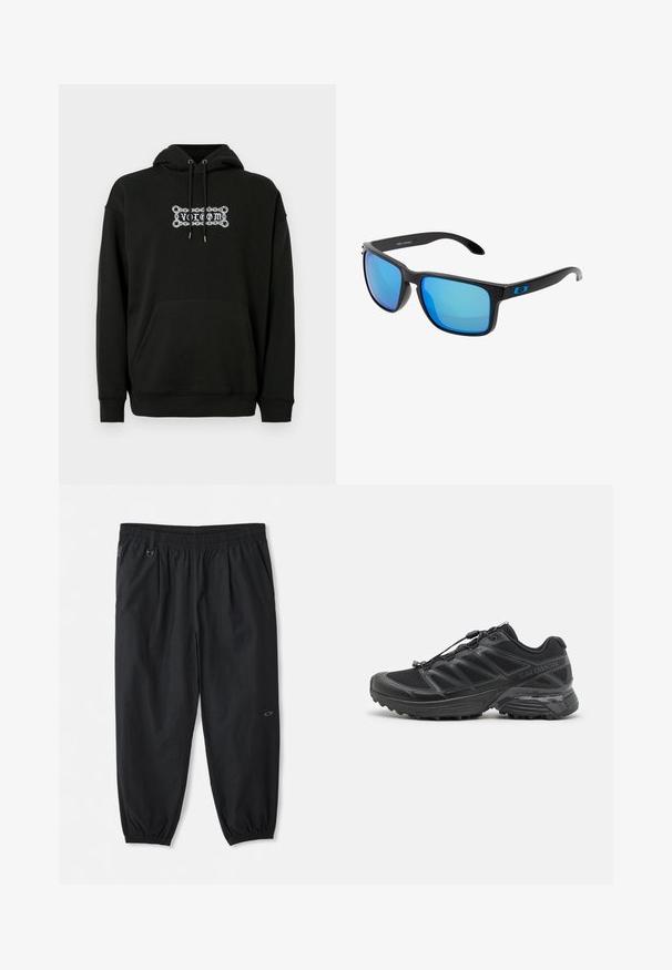 Svart hettegenser med frontlomme, justerbar snorhette, og hvit grafisk tekstdesign. Laget av myk, teksturert stoff.; Sorte, uformelle bukser med elastisk liv som har sidelommer, elastiske mansjetter ved ankelen, og en liten logo på høyre lår.; Svart løpesko med mesh og syntetisk overdel, fleksibel yttersåle og elastiske liser. Har en dempet mellomsåle for komfort.; Stilige svarte solbriller med blå speilglass, firkantede rammer og blå detaljer på stengene. Laget av lett plastmateriale.