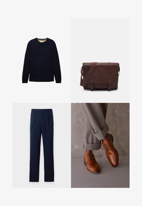 Suéter azul marino hecho de material suave, con cuello redondo, mangas largas y un sutil logotipo en el pecho. Textura suave y corte relajado.; Tres camisas de manga larga: azul claro, blanca y azul marino. Todas tienen un cuello clásico y cierre de botones en la parte delantera, hechas de una tela suave.; Pantalones azul marino de tejido suave, con cierre de botón único, pliegues y piernas rectas. Diseño minimalista sin patrones notables.; Los zapatos de cuero marrón tienen una puntera redondeada, un diseño de cordones con cinco ojales y cordones oscuros que contrastan. Los pantalones son de cuadros y están doblados en los puños.; Bandolera de cuero marrón con una tapa frontal plana, dos correas, detalles en metal dorado y una correa para el hombro ajustable.