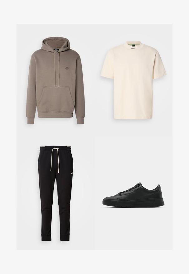 Brązowa bluza z kapturem uszyta z miękkiego materiału, z przednią kieszenią, sznurkami ściągającymi i małym logo na klatce piersiowej. Ściągacze na mankietach i u dołu.; Kremowa koszulka z krótkim rękawem z wysokim kołnierzem, z nadrukiem "BOSS" w kolorze czarnym na przedniej części kołnierza oraz wewnętrznej metce.; Czarne slim-fit joggery z białym sznurkiem, ściągaczami u dołu i dyskretnym logo na górnej części uda na jednolitym tle.; Czarny sneakers z gładkiej skórzanej cholewce, okrągłym nosku, płaskimi sznurówkami, wyściółką kołnierza i minimalistycznym designie. Gumowa podeszwa z delikatnym wzorem bieżnika.