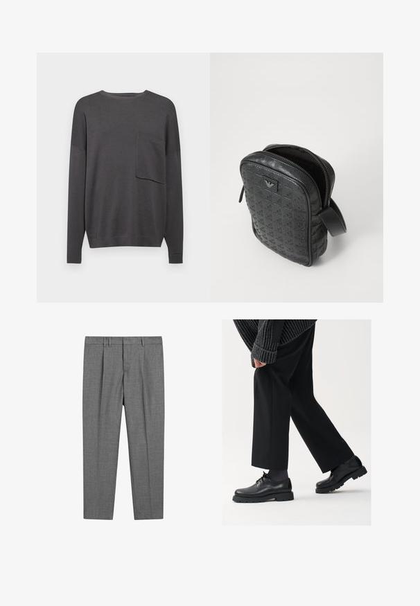 Dunkelgrauer, langärmeliger Strickpullover mit Rundhalsausschnitt und einer einzelnen Brusttasche. Weicher Stoff mit lockerer Passform und gerippten Bündchen.; Schwarzes Baumwoll-T-Shirt mit klassischem Rundhalsausschnitt, kurzen Ärmeln und lockerer Passform. Glatte Textur, keine Muster oder Verzierungen.; Grau maßgeschneiderte Hose mit strukturiertem Gewebe, flacher Vorderseite, gebügelten Beinen, Gürtelschlaufen und normalem Bund.; Schwarze Lederschuhe mit einer runden Spitze, Schnürdesign und dicker, strukturierter Sohle. Getragen mit maßgeschneiderten schwarzen Hosen und einem gerippten Pullover.; Schwarz, strukturiert, Lederhandtasche mit geometrischem Muster, rechteckiger Form, oberem Reißverschluss und kurzem Tragegriff. Verfügt über ein Logo-Patch auf der Vorderseite.; Timex-Armbanduhr mit silbernem Zifferblatt, schwarzen Stundenmarkierungen und Stahlgehäuse. Sie verfügt über ein strukturiertes schwarzes Lederarmband. Einfaches, elegantes Design.