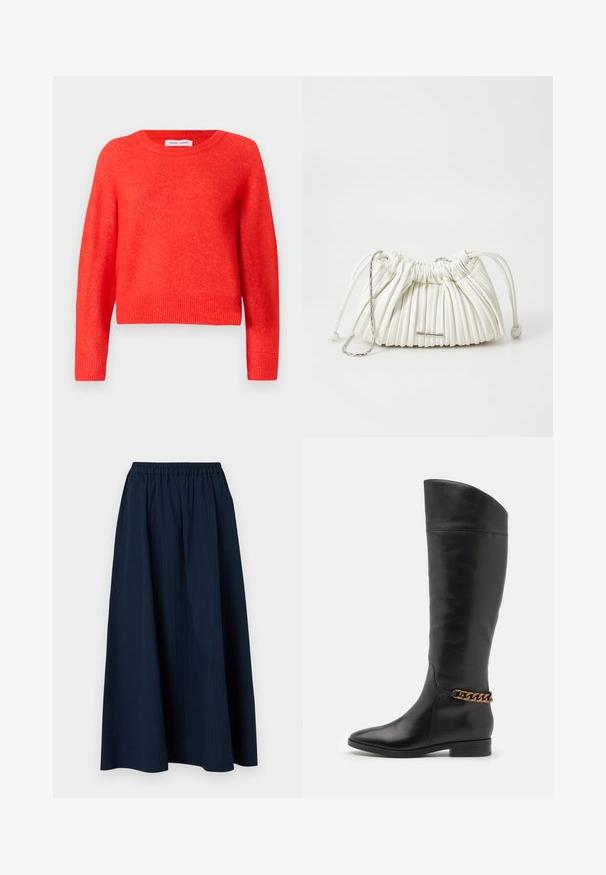 Punainen, lyhythihainen neulepusero, joka on valmistettu pehmeästä materiaalista. Pyöreä pääntie, pitkät hihat ja ribbaushelma. Hieman teksturoitu pinta.; Laivastonsininen, kokopitkä hame, joka on valmistettu tekstuurillisesta kankaasta ja jossa on joustava vyötärö ja hienovaraiset pystysuorat raidat.; Pitkiä mustista nahkasaappaista, joissa on tyylikäs muotoilu, terävä kärki ja kultaketjuakseli nilkassa. Matala lohko korko. Sujuva pinta.; Valkoinen pussukka, jossa on laskostettu muotoilu ja pehmeä materiaali. Varustettu nyörisulkimella, punottuilla kahvoilla ja hopeanvärisellä koristeella.
