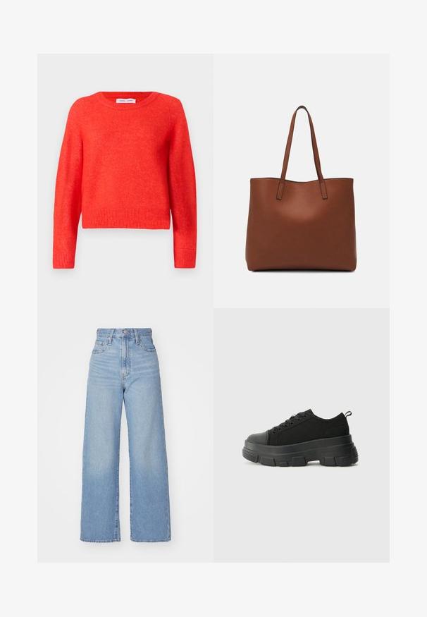 Punane, lühendatud kampsun pehmest materjalist. Ümmargune kaelus, pikad varrukad ja soonikkoes ääristused. Kergelt tekstuuriga pind.; Heledad sinine kõrge vöökohaga laiad teksad, ees nupp ja tõmblukk, ees ja taga taskud, valge tausta peal.; Mustad mustad mustikad, millel on tugev kummist põhi, tekstuuriga kangast pealis, ümar varvas ja seotud disain. Omab tugevdatud silmuseid ja tagumist tõmbeotsta.; Pruun nahast tote-kott, millel on sile tekstuur, avatud ülaosa disain ja kaks õlarihma. Omab minimaalset õmblust ja nähtavat riistvara ei ole.