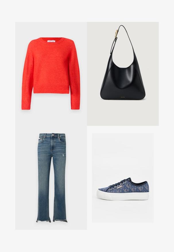 Rode, cropped trui gemaakt van zacht materiaal. Ronde halslijn, lange mouwen en geribbelde zoomafwerking. Lichtjes gestructureerd oppervlak.; Blauwe spijkerbroek van denim met lichte slijtage, ruwe rafelige zomen, voorzakken, riemlussen en een knoopsluiting.; Marineblauwe canvas sneakers met een patroon, witte rubberen zool en zwarte veters. Voorzien van een klein logo aan de zijkant.; Zwarte leren schoudertas met een gladde textuur, gebogen silhouet en een goudkleurige hardwareaccent. Beschikt over het reliëf logo van het merk aan de onderkant.