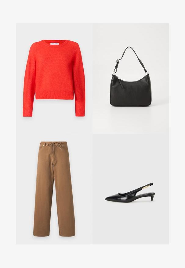 Rdeča, skrajšana pulover z dolgimi rokavi, izdelan iz mehkega materiala. Okrogla izbira vratu, dolgi rokavi in rebrast spodnji del. Rahlo teksturirana površina.; Rjave hlače širokega kroja, izdelane iz bombaža, z elastičnim pasom na vrvico in dvema sprednjima žepoma. Tekstura blaga z gladko površino.; Črne usnjene sandale na peto z ostro konico, ki imajo tanko peto in zlat ton na nastavljivem traku. Gladka tekstura.; Črna usnjena torba za roke s ukrivljenim oblikom, enim trakom, zadrgo in diskretnim blagovnim znamkom na sprednjem delu. Gladka tekstura, minimalističen dizajn.
