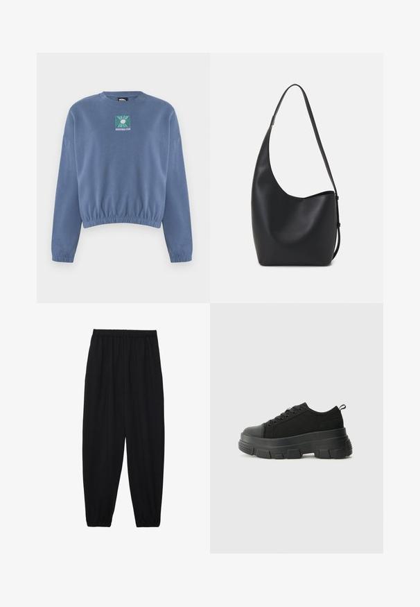 Sweatshirt azul claro com decote redondo, bainha franzida e mangas longas. Apresenta um logótipo bordado quadrado com um desenho verde e branco.; Calças pretas, leves, com um cinto elástico e punhos franzidos. O tecido é suave e apresenta um design relaxado e afunilado.; Sneakers pretos com sola de borracha robusta, parte superior de tecido texturizado, bico redondo e design de atacadores. Apresenta ilhós reforçados e uma alça na parte posterior.; Saco hobo preto em pele com uma textura lisa, forma curva e uma única alça ajustável; apresenta uma abertura larga na parte de cima.