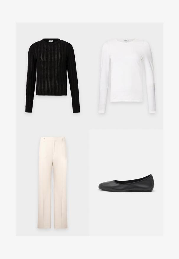 Pull en maille noir avec un motif de rayures texturé, col rond, manches longues, et poignets et ourlet côtelés.; T-shirt blanc à manches longues en coton doux, avec un col rond et une coupe ajustée, présentant des coutures propres et sans motifs visibles.; Pantalons beige ajustés avec une coupe droite, fabriqués en tissu léger. Dotés de plis avant et d'une taille classique.; Ballerines en cuir noir avec un bout rond, texture lisse, détails de couture minimalistes et design de semelle flexible.