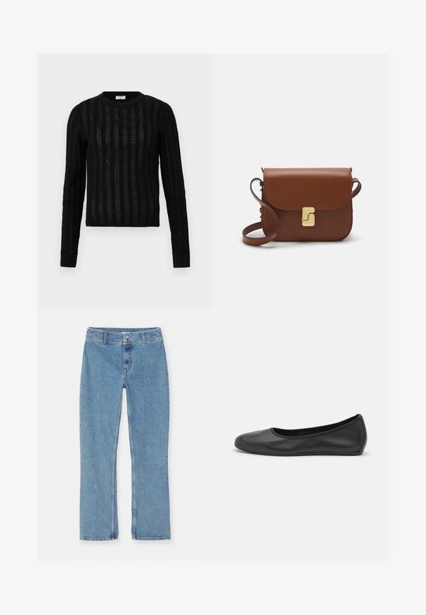 Melna adīta džemperis ar teksturētu svītru rakstu, apaļu apkakli, garām piedurknēm un ribotām piedurkņu malām un apakšmalu.; Balta īsām piedurknēm T-krekls, izgatavots no ribota auduma. Apaļš izgriezums, regulāra piegriezuma un diskrēti šuvumu detaļas. Bez printiem vai grafikām.; Gaiši zili taisni džinsi ar pogu un rāvējslēdzēju, jostas cilpām un standarta šuvēm uz balta fona.; Melna ādas baleta kurpe ar noapaļotu purngalu, gludu tekstūru, minimālu šuvju detalizāciju un elastīgu zoles dizainu.; Bordo ādas rokas soma ar atloku, zeltītām detaļām, plecu siksnu un gludu virsmu. Kompakta, taisnstūrveida forma.