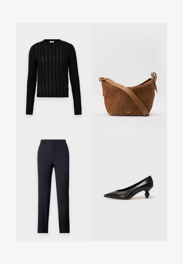 Maglione nero lavorato a maglia con un motivo a righe testurizzato, scollatura rotonda, maniche lunghe e polsini e orlo a coste.; Pantaloni tailored blu navy a gamba dritta, caratterizzati da una texture liscia, due tasche frontali e una vita pulita.; Scarpa con tacco alto in pelle nera, con punta affilata e tacco arrotondato e bombato. Texture liscia con un design elegante e minimalista.; Borsa a spalla in suede marrone con design floreale impresso, completata da una morbida tracolla in pelle marrone e dettagli in metallo dorato.