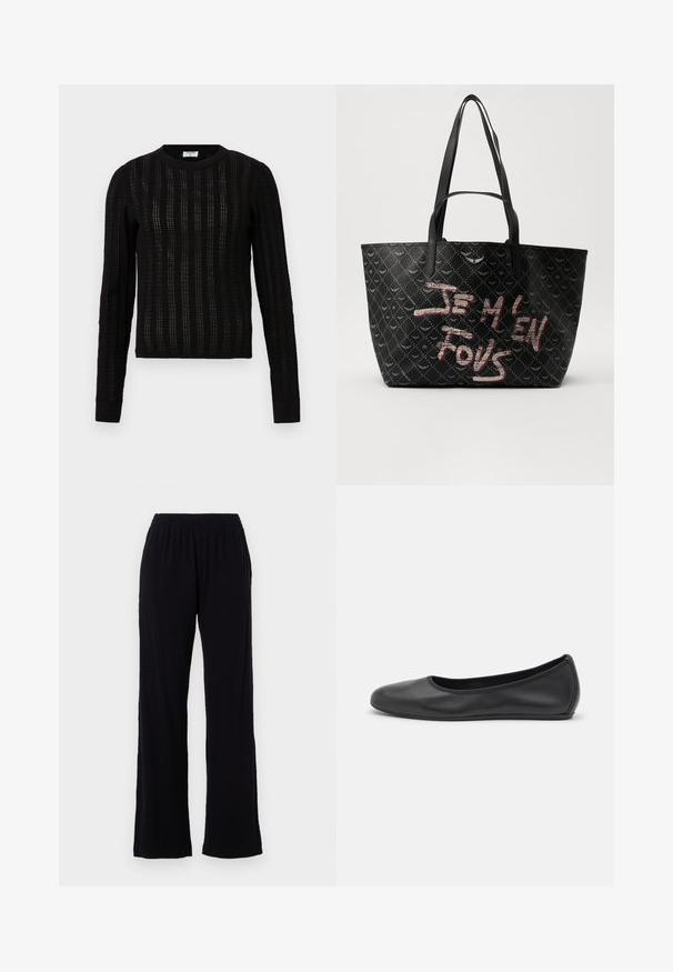 Maglione nero lavorato a maglia con un motivo a righe testurizzato, scollatura rotonda, maniche lunghe e polsini e orlo a coste.; Pantaloni neri, leggeri, con cintura elastica e design a gamba dritta. Texture morbida senza motivi o accenti visibili. Stile semplice e versatile.; Pantofole da balletto nere in pelle con punta arrotondata, texture liscia, dettagli di cucitura minimi e design con suola flessibile.; Borsa tote nera in materiale testurizzato con motivo a diamante, dotata di manici e di un audace testo rosso e bianco che recita "JE M'EN FOUS."