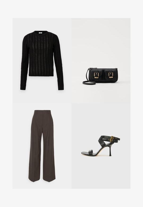 Zwarte gebreide trui met een textured streepjespatroon, ronde halslijn, lange mouwen en geribbelde manchetten en onderkant.; Donkerbruine wijde broek met een hoge taille, voorzien van strak geplooide plooien, een zachte textuur en een op maat gemaakte pasvorm.; Zwarte hoge hak sandaal met gekruiste bandjes en verstelbare gespsluiting. Heeft een gladde textuur en een taps toelopende stilettohak.; Zwarte leren schoudertas met twee vo pockets, gouden gespen, ritsluiting en een smalle band. Tekstuur oppervlak en compacte rechthoekige vorm.