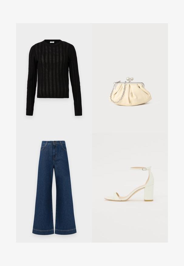Must mustriga mustri tekstuuriga must kootud sviiter, ümar kaelus, pikad varrukad ning ribidega ääred ja hem.; Laia siniste denim pükste suur jalg, kõrge vöökoht, nupuga kinnitamine, vöökohad ja peened õmblusdetailid taskute ja äärte ääres.; Valge nahast takjakandiga sandaal, millel on kinnitusrihm ja minimalistlik disain. Avatud varvastes ja sileda pinnaga.; Kortsus beežist nahast kotike, millel on hõbedane metallraam, kaunistatud kahe ümmarguse dekoratiivse lukuga ja hõbedase ketispideme.