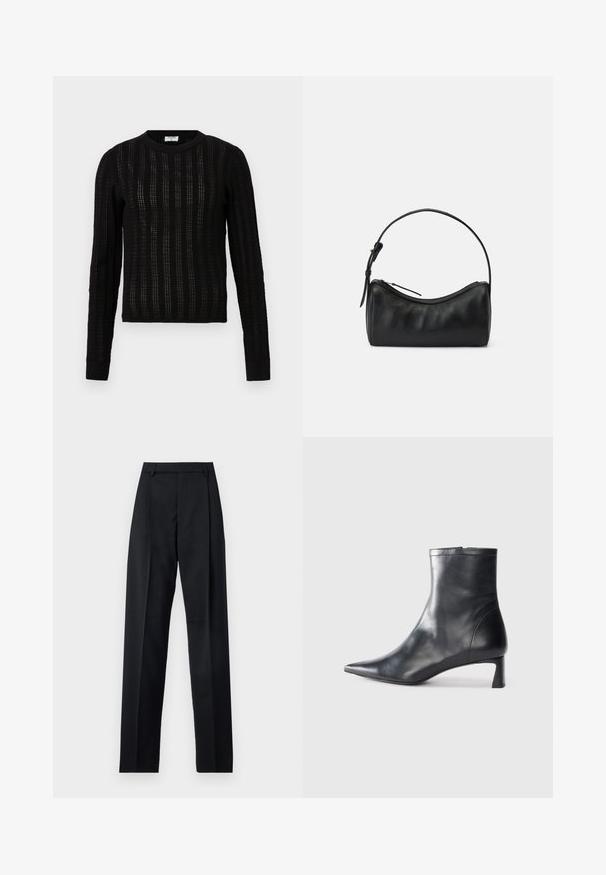 Pulover negru din tricot, cu un model texturat în dungi, guler rotund, mâneci lungi și manșete și tiv cu nervuri.; Pantaloni negri dintr-un material neted, cu talie înaltă, picioare largi, pliuri frontale și loop-uri clasice pentru curea. Fără buzunare laterale vizibile.; Cizmă de gleznă din piele neagră cu vârf ascuțit și un design elegant. Dispune de un toc mic și de o închidere cu fermoar la spate. Textură netedă.; Geantă de umăr din piele neagră cu un design curbat, închidere cu fermoar și un bareta subțire. Prezintă o textură netedă și detalii discrete de cusătură.