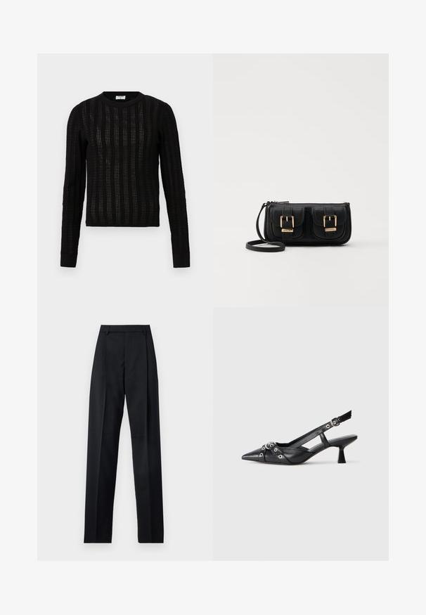 Pull en maille noir avec un motif de rayures texturé, col rond, manches longues, et poignets et ourlet côtelés.; Pantalon noir en tissu lisse avec taille haute, jambes larges, plis à l'avant et passants de ceinture classiques. Pas de poches latérales visibles.; Chaussure slingback en cuir noir avec un bout pointu, des sangles décoratives avec œillets en métal et un petit talon carré. Surface texturée.; Sac en cuir noir porté en travers avec deux poches avant, boucles dorées, fermeture zippée et une sangle fine. Surface texturée et forme rectangulaire compacte.