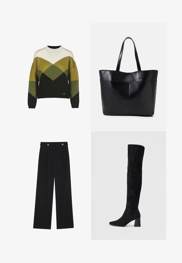 Sötétzöld, világoszöld, fehér és fekete geometrikus mintázatú pulóver. Kerek nyakkal és bordázott mandzsettákkal rendelkezik. Puha kötött anyag.; Fekete, bő szárú nadrág magas derékkal, gombos részletekkel a derékrészen és elülső pliszékkal.; Fekete nubuk térd fölé érő csizma, tömbsarokkal, hegyes orral és sima, varrat nélküli dizájnnal, világos háttérrel.; Fekete bőr bevásárlótáska két hosszú fogantyúval, sima felülettel és strukturált formával. Elülső zseb található rajta a plusz tárolás érdekében.