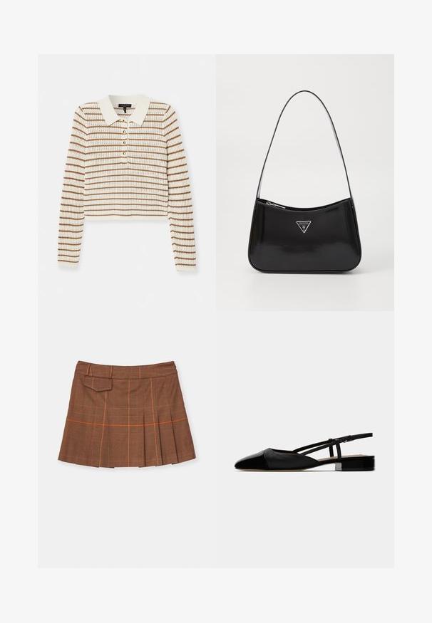 rag & bone VIOLA STRIPE  - Strikkegenser - ivory; Brun rutete skjørt med plissert design, oransje detaljer og sidelomme. Laget av strukturert materiale med høy midje.; Sorte laksko med slingback og spiss tå, lukket vamp og justerbar ankelstropp. Har en lav, kvadratisk hæl. Jevn tekstur.; Svart patentlærveske med en buet form, med et sølvfarget triangel-logo og glidelås. Glatt tekstur og slank stropp.