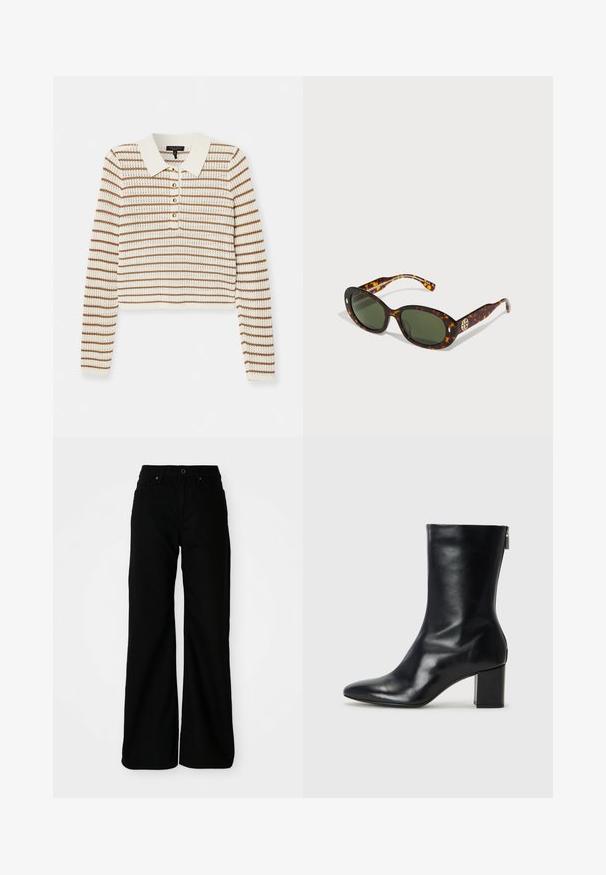 rag & bone VIOLA STRIPE  - Svetr - ivory; Černé široké kalhoty z denimové látky. Mají vypasovaný pas, přední kapsy a zapínání na knoflík. Hladký povrch s minimálními detaily.; Černé kožené kotníkové boty s špičatou špičkou a blokovým podpatkem o výšce 4 cm. Elegantní design obsahuje boční zip pro snadné obouvání. Hladká textura.; Želvovinové sluneční brýle se zelenými čočkami, oválného tvaru, s pozlaceným logem na boku a hladkým lesklým povrchem.