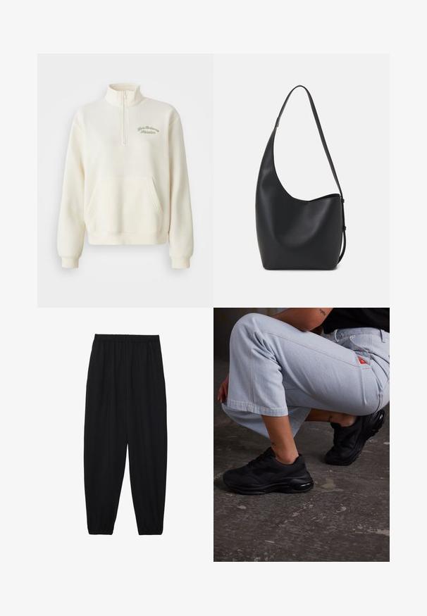 Sudadera de felpa blanca con alto cuello, media cremallera, bolsillo frontal y el texto bordado en verde "New Balance Athletics." Textura suave.; Pantalones negros, ligeros, con cintura elástica y tobillos fruncidos. La tela es suave y presenta un diseño relajado y ajustado.; Zapatillas deportivas negras con parte superior texturizada, suela gruesa y amortiguación de aire. Combinadas con pantalones cortos de color azul claro en una postura casual.; Bolso tipo hobo de cuero negro con una textura suave, forma curvada y una sola correa ajustable; presenta una amplia apertura en la parte superior.