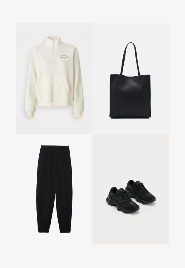 Hvit fleece hettegenser med høy krage, halv glidelås, frontlomme og grønn brodert tekst "New Balance Athletics." Myk tekstur.; Svarte, lette bukser med elastisk liv og rynkede ankler. Stoffet er glatt og har en avslappet, innsvingt design.; Sorte idrettssko med teksturert overdel, med en fremtredende "N"-logo, polstret såle og en slank, moderne silhuett.; Svart lær tote bag med glatt tekstur, rektangulær form og to lange håndtak. Ingen synlige deler eller dekorasjoner.