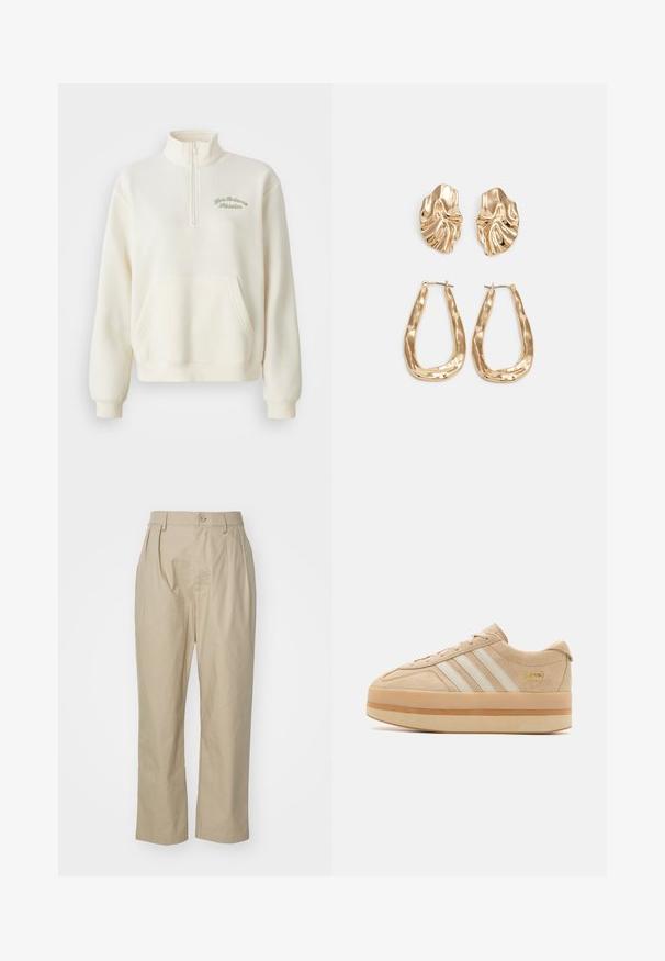 Biely flísový sveter s vysokým golierom, polovičným zipsom, prednou vreckom a zeleným vyšitým textom "New Balance Athletics." Mäkká textúra.; Béžové nohavice vyrobené z bavlny, s uvoľneným strihom, predným skladom, uzáverom na jeden gombík a rovnými nohavicami so šitými lemami.; Bežové semišové platformové tenisky s bielymi tromi pruhmi, okrúhlou špičkou a béžovou gumovou podrážkou s akcentom zlatého loga na boku.; Náušnice v zlatej farbe s textúrovanými, vlnitými tvarmi. Obsahujú sochárske klipsové náušnice a otvorený tvar krúžku s kladivkovým povrchom.